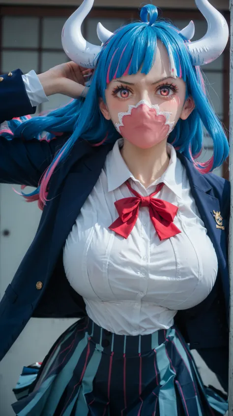 ult1, score_9, score_8_up, score_7_up, score_6_up, anime_source, 1 girl, Ulti Solo, horns, pink eyes, hair. Long straight hair, bangs, tied back section, multi-colored hair, ahoge, face. Mask, ((large breasts)), ((navy blue school blazer, white shirt, red ...