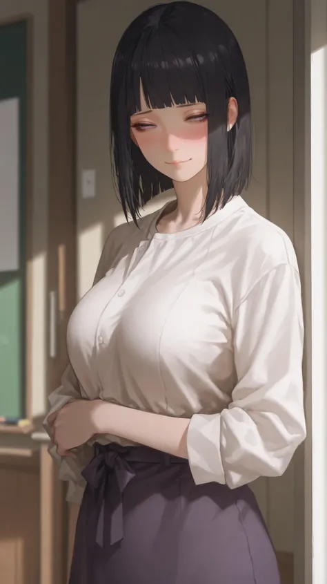 masterpiece, best quality, ultra-detailed,r17329_illu,usnr,Cute,masterpiece, best quality, ultra-detailed, 1girl, hinapony, black hair, byakugan eyes, blushing, :), half closed eyes, large breast, teacher outfit, calm and focused atmosphere, soft shadows, ...