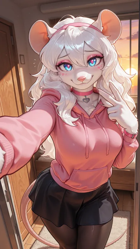 masterpiece, best quality, amazing quality, very aesthetic, high resolution, ultra-detailed, absurdres, newest, scenery, 1girl, rat, white fur, furry female, blue eyes, white hair, wavy hair, long hair, (19-year-old girl), closed mouth, looking at the view...