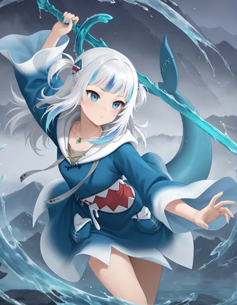 gawr gura,1girl,sword_immortal_robes, (qi_spiral:1.3), sleeve_flow, jade_pendant, floating_mountain_peaks
,masterpiece, best quality, newest, highres, absurdres,