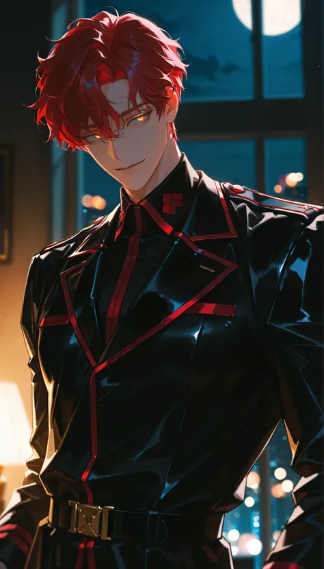 mele,red hair,handsome,adult,night,black noble military uniform, black leather jacket, loosely wavy hair,gold eyes,bewitching smile,short hair,dim,blurred background,handsome hair,indoor,mature man,darkened room,gold indirect lighting,high quality,high eff...