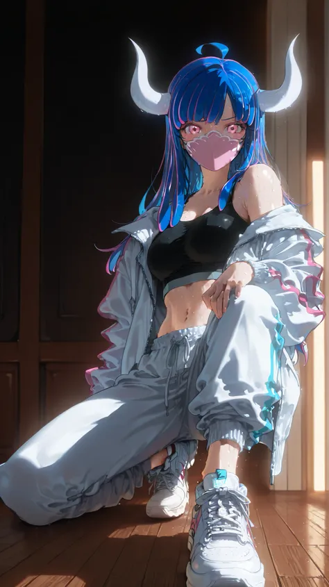 Ulti Solo, horns, pink eyes, hair. Long hair, multi-colored hair, bangs, ahoge, face, mask, face mask, wearing a black sports crop top, baggy sweatpants, white sneakers, oversized open jacket, stylish urban dancewear, inside a dance studio, wooden floor, m...