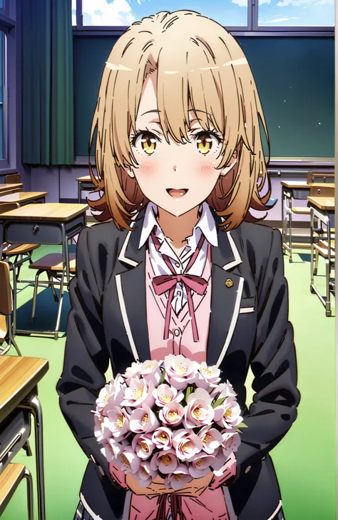 Irohaisshiki, Ishizaki Iroha, solo,short hair, brown eyes,brown hair,smile,blush,open your mouth,skirt for ears, shirt, ribbon, uniform, jacket, white shirt, opens clothes, open jacket, black jacket, plaid, plaid skirt for ears, blazer, cardigan, Black soc...