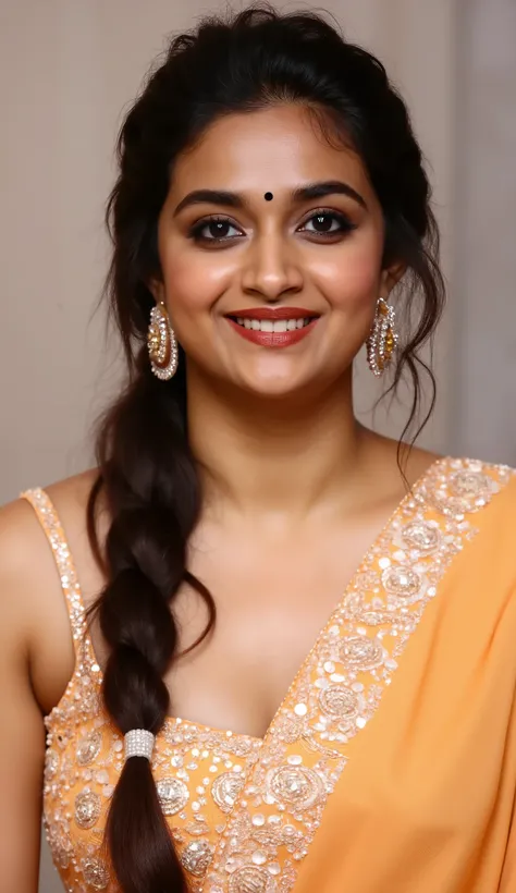 Close up photo of sexy keerthy suresh , front view, curvy, hourglass figure,  swooping big breasts,  deep cleavage,  light 
Orange blouse, saree,navel, belly button, sitting in a bed and doing push ups, look at viewer and subtle smile, French braid hair, n...