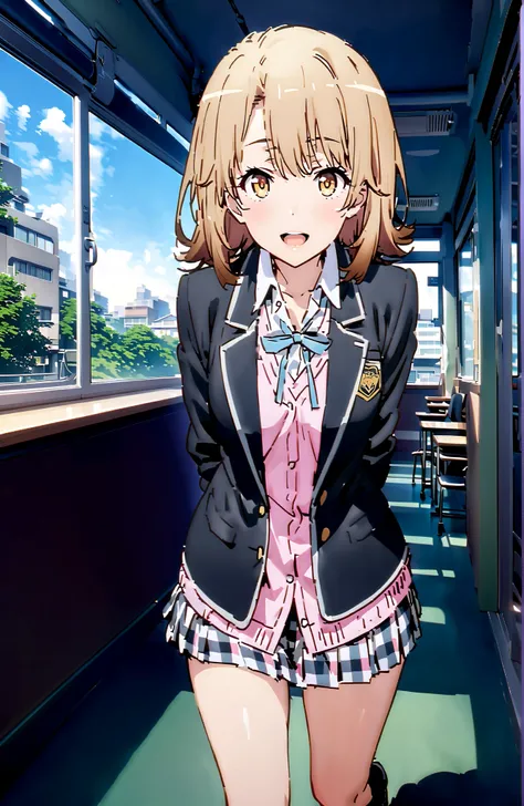 Irohaisshiki, Ishizaki Iroha, solo,short hair, brown eyes,brown hair,smile,blush,open your mouth,skirt for ears, shirt, ribbon, uniform, jacket, white shirt, opens clothes, open jacket, black jacket, plaid, plaid skirt for ears, blazer, cardigan, Black soc...