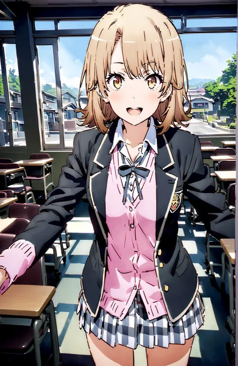 Irohaisshiki, Ishizaki Iroha, solo,short hair, brown eyes,brown hair,smile,blush,open your mouth,skirt for ears, shirt, ribbon, uniform, jacket, white shirt, opens clothes, open jacket, black jacket, plaid, plaid skirt for ears, blazer, cardigan, Black soc...
