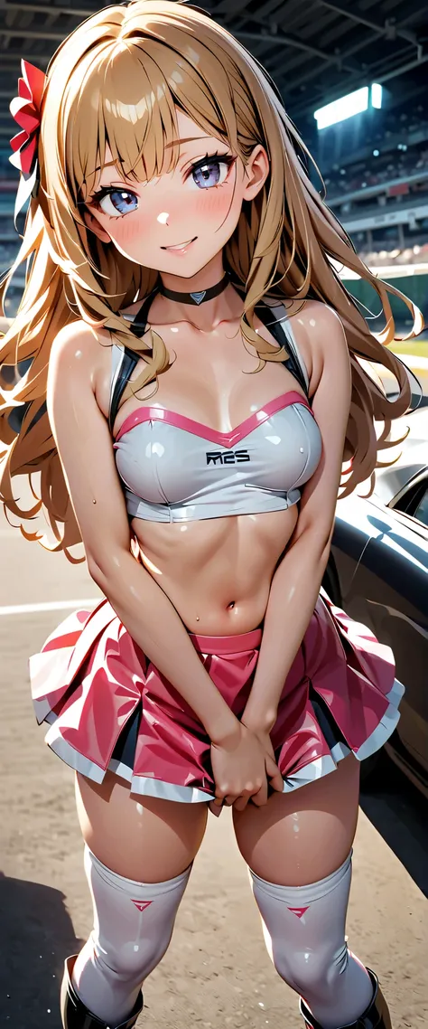 top quality, super high resolution,  One person,  small breasts, black choker, smile,  exposes shoulders,  focus only , watch viewers,Fair skin,car race track,photon mapping, Physically Based Rendering,  RAW photos , Highly detailed background,K-pop idol,d...