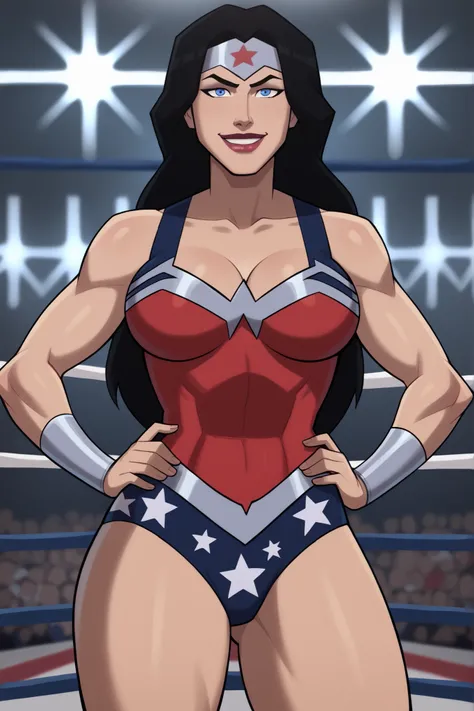 looking at viewer, smile, WWDiana, DianaHero, wonder woman, superhero, long hair, black hair, blue eyes, makeup, lipstick, bare shoulders, score_9, score_8_up, score_7_up, score_6_up, 1girl, solo, large breasts, cleavage, curvy athletic, standing, hands o...