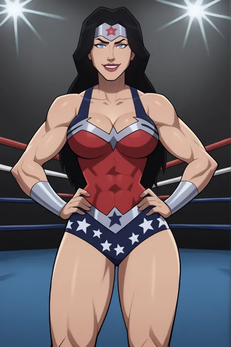 looking at viewer, smile, WWDiana, DianaHero, wonder woman, superhero, long hair, black hair, blue eyes, makeup, lipstick, bare shoulders, score_9, score_8_up, score_7_up, score_6_up, 1girl, solo, large breasts, cleavage, curvy athletic, standing, hands o...