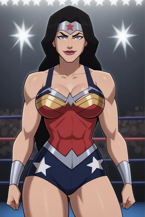 looking at viewer, smile, closed mouth, WWDiana, DianaHero, wonder woman, superhero, long hair, black hair, blue eyes, makeup, lipstick, bare shoulders, score_9, score_8_up, score_7_up, score_6_up, 1girl, solo, large breasts, cleavage, curvy athletic, sta...