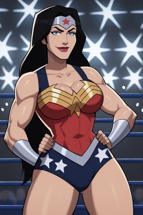 looking at viewer, smile, closed mouth, WWDiana, DianaHero, wonder woman, superhero, long hair, black hair, blue eyes, makeup, lipstick, bare shoulders, score_9, score_8_up, score_7_up, score_6_up, 1girl, solo, large breasts, cleavage, curvy athletic, sta...