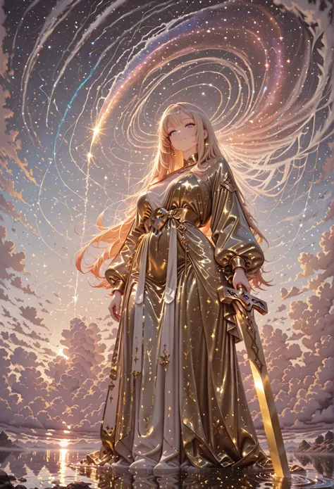 masterpiece, top quality, 素晴らlike品質, とても美like, Absard Dress, newest, line art,, Scenery, 1 girl, standing, from below, cloud, reflective water , ripples, Asymmetric, pastel colors, (bright color:1.2), bright colors, gradation , (watercolor \(medium\):0.8...