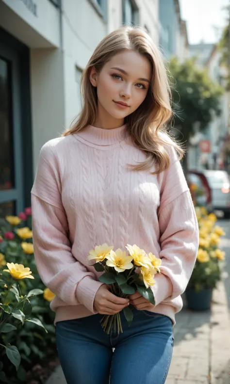 Futuristic girl, light brown hair, elongated light brown eyes, white skin, wears a beautiful pink sweater and blue jeans, she is looking at the viewer, she is holding a yellow flower, extremely detailed realistic style image 4k