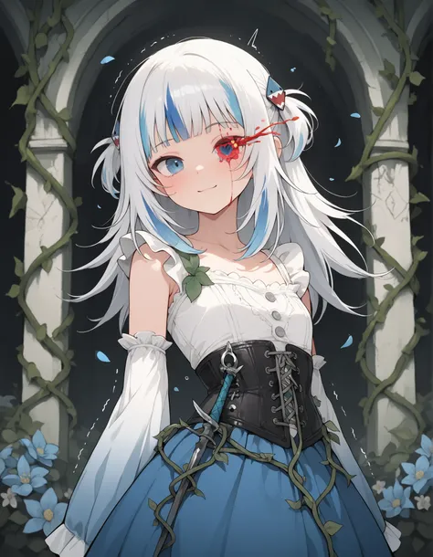 gawr gura,(crumbling corset PIERCED by thorny vines:1.3), (vines FORCIBLY BLOOMING from eye sockets:1.5), (petals made of dried blood), overgrown ballroom, bioluminescent fungus
,masterpiece, best quality, newest, highres, absurdres,
