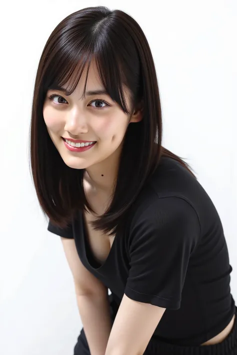 A high resolution photograph of a Japanese young woman, photo realistic, masterpiece, amazing quality, intricate details, professional lighting, fashion shoot, solo, 1girl, standing leaning forward, bending over, (loose black t-shirt, tiny breasts, open ch...