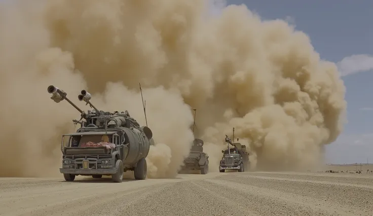 Dystopian style, In a dystopian world, A dramatic chase scene in the midst of a raging dust storm, 

