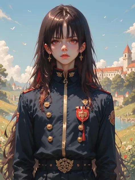 dark black uniform, red eyes