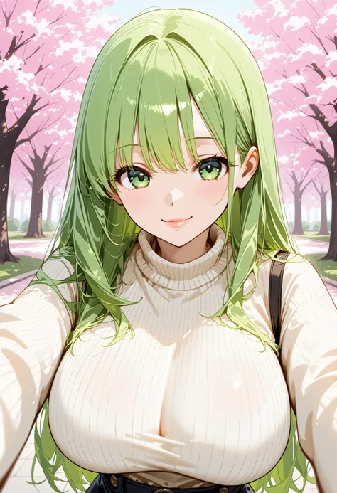 top quality、high resolution, one woman, is big , Sexually attractive,sister, is big eyes, long hair like a baby,Hair is green,Delicate green eyes ， long green hair with light pink mesh , Beautifully Detailed Lips、 is big breasts , is big breasted , cherry ...