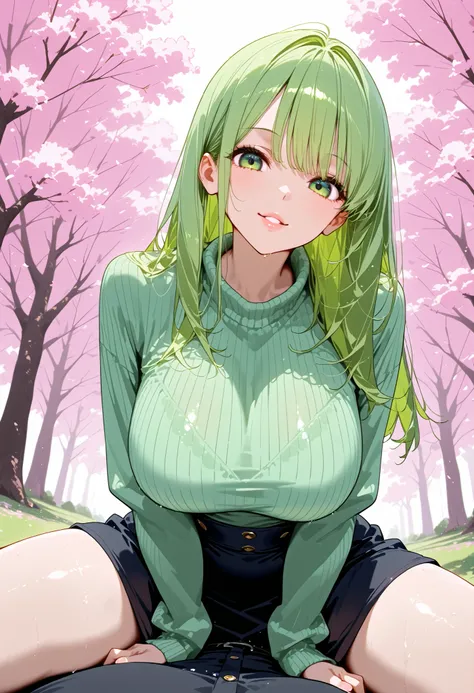top quality、high resolution, one woman, big , has sex appeal,older sister, big eyes, Baby-faced Long Hair,hair is green,Delicate green eyes ， long green hair with light pink mesh , Beautifully Detailed Lips、 big breasts , big breasted , Cherry blossom tree...