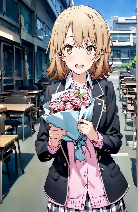 Irohaisshiki, Ishizaki Iroha, solo,short hair, brown eyes,brown hair,smile,blush,open your mouth,skirt for ears, shirt, ribbon, uniform, jacket, white shirt, opens clothes, open jacket, black jacket, plaid, plaid skirt for ears, blazer, cardigan, Black soc...