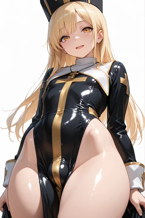 (best quality) , (ultra-detailed) , (masterpiece) , (perfect anatomy) , (masterpiece) , best quality , perfect face , 1 otoko no ko, ((((solo)))), cute boy, straight hair, long hair, blonde hair, gold eyes, very shiny body, simple white background, priest...