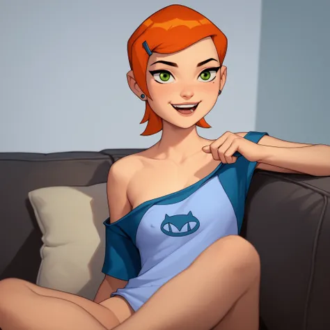 Score_9, Score_8_climb, Score_7_climb, Score_6_climb, Score_5_climb, Score_4_climb, 1Girls, Gwen10, sitting on the couch,  Loose Top, Open shoulders, barefoot, is happy, high quality walkers, 4K, 