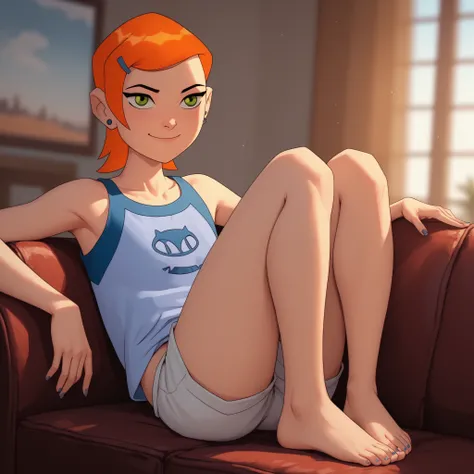 Score_9, Score_8_climb, Score_7_climb, Score_6_climb, Score_5_climb, Score_4_climb, 1Girls, Gwen10, is sitting on the couch,  Loose Top, Open shoulders, barefoot, is happy, high quality walkers, 4K, , smile, closed mouth, Evening light orange solar backgro...
