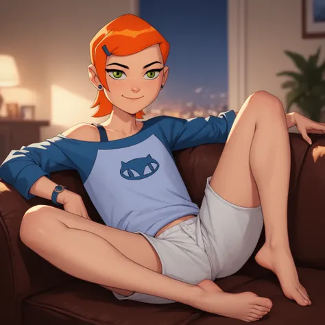 Score_9, Score_8_climb, Score_7_climb, Score_6_climb, Score_5_climb, Score_4_climb, 1Girls, Gwen10, sitting on the couch,  Loose Top, Open shoulders, barefoot, is happy, high quality walkers, 4K, , smile, closed mouth, Evening light orange solar background...