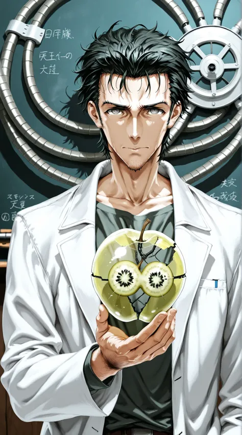 Break,(Steins Gate, Okabe Rintaro:1.2,shirts,white labo coat,male,confident look ),real skin texture ,break,(Newly developed Transparent-Fruit-bomb, The Transparent fruit-shaped bomb with sophisticated mechanical parts inside),Complicated formula on blackb...