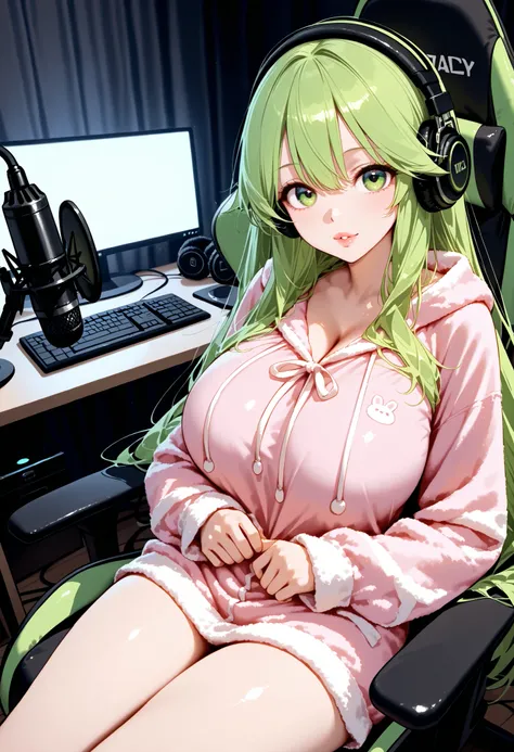 top quality、high resolution, one woman,
big , has sex appeal,older sister,
big eyes, Baby-faced Long Hair,hair is green,Delicate green eyes ，
long green hair with light pink mesh , Beautifully Detailed Lips、 big breasts , big breasted ,
loungewear,computer...