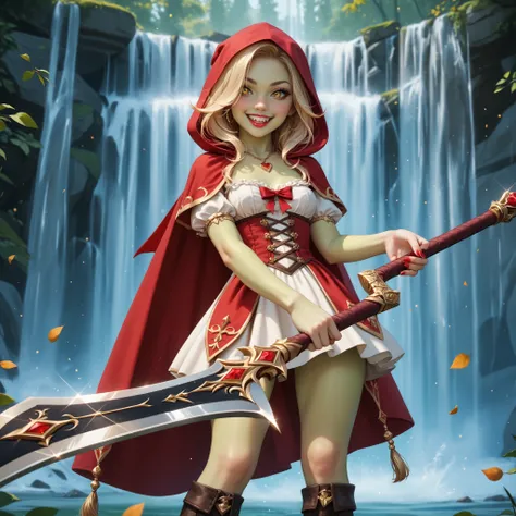 evil 1girl, perfect goblin goddess, bratty, lively, sexy, short, petite, red riding hood outfit, green skin, (chatreuse skin:1), blonde hair, yellow eyes, gold jewelries, golden accents, luxurious necklace, heart covering eye, silk fabric, looking down at ...
