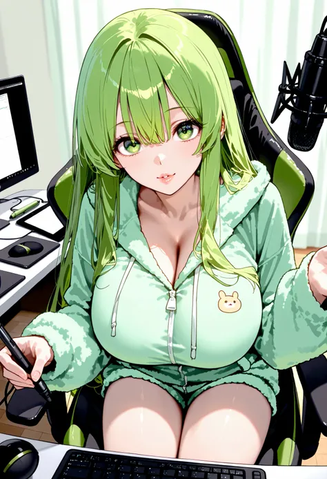 top quality、high resolution, one woman, big , has sex appeal,older sister, big eyes, Baby-faced Long Hair,hair is green,Delicate green eyes ， long green hair with light pink mesh , Beautifully Detailed Lips、 big breasts , big breasted , loungewear,computer...