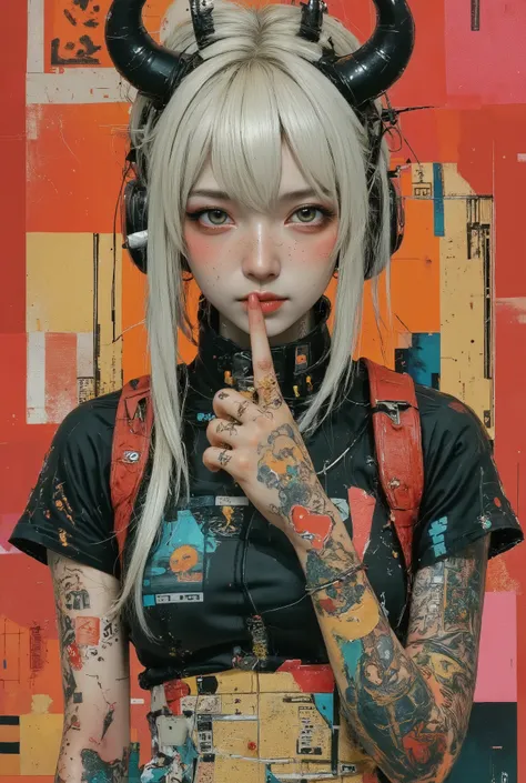 Portrait of a young girl, probably in her early twenties, with a cold and defiant manner. Asian facial features. Light skin tone, bright yellow eyes and a slightly mischievous grin. A tense expression, a mixture of rebellion and confidence. Long, loose ...