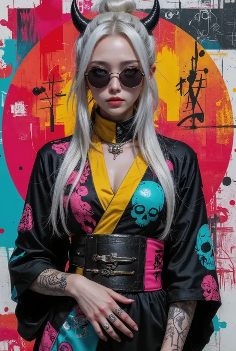 Portrait of a young girl, probably in her early twenties, with a cold and defiant manner. Asian facial features. Light skin tone, bright yellow eyes and a slightly mischievous grin. A tense expression, a mixture of rebellion and confidence. Long, loose ...