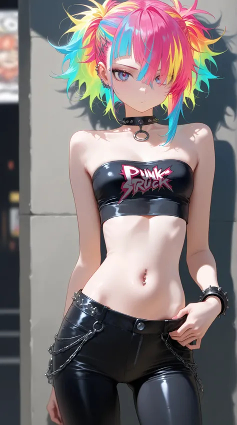 crop top strapless tube top, belly button, Slim waist, tight pants, punk fashion, Colorful Hair,