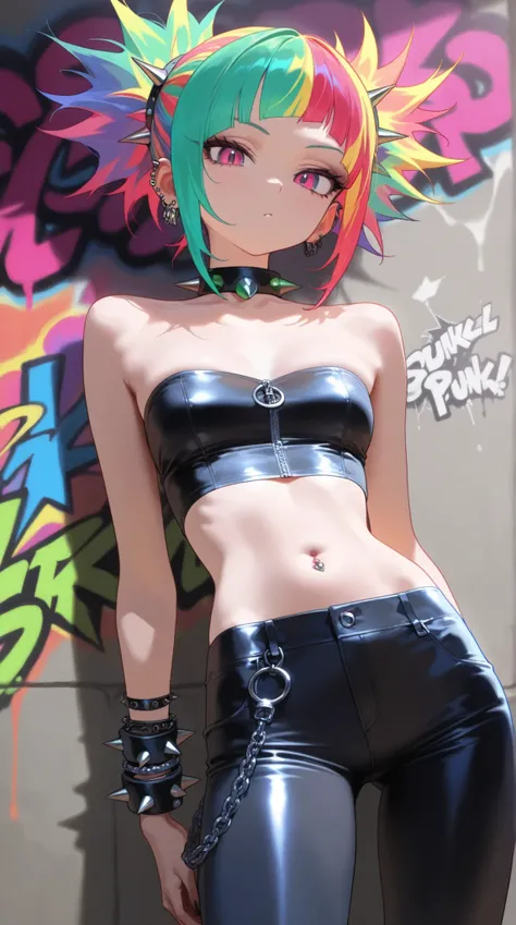 crop top strapless tube top, belly button, Slim waist, tight pants, punk fashion, Colorful Hair, search, zipper, spike accessories, graffiti