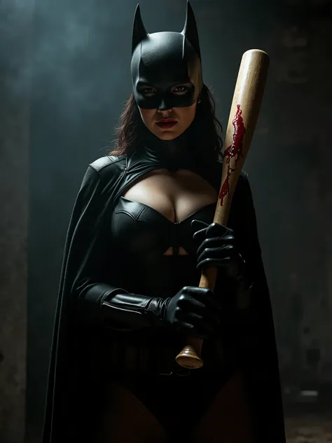 badass bat woman, dark suit, age 20, 44dd breasts, holding a bloody baseball bat with two hands, cinematic lighting, dramatic pose, dark and moody atmosphere, photorealistic, high resolution, 8k, intricate details, dramatic chiaroscuro, film noir style, di...
