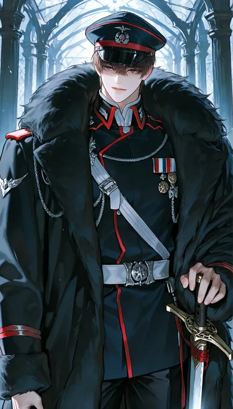 4k , 8k , (only 1male short Raise hair brown hair brown eyes) , short hair style , ((no hair bang)) , fancy environment, ((black fur coat, noble military uniform, military cap, black pants, sword)), novel , manhwa , handsome man , very details , hair deta...