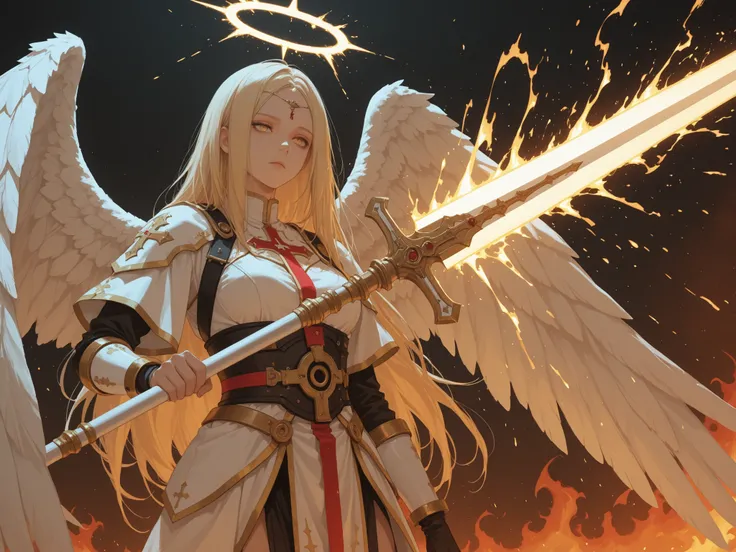 Female angel of salvation, expressionless, holy spear, Holy Sword, Fire of purification, Pouring Thunder, dynamic,