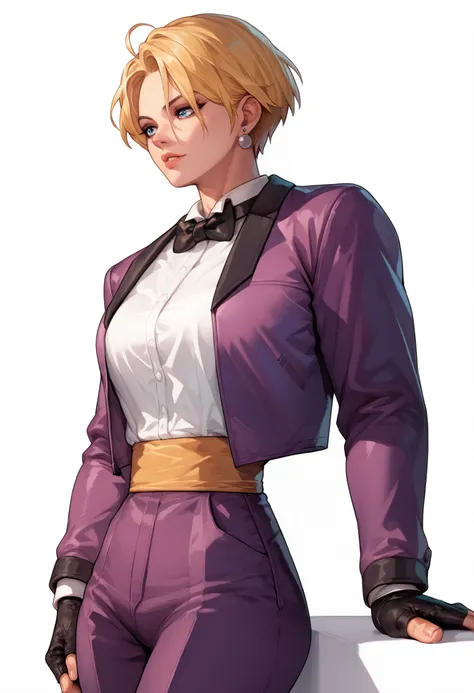 king aof, blue eyes, short hair, blonde hair, earrings, purple suit jacket, bowtie, collared shirt, fingerless gloves, high-waist pants, long sleeves, muscular female, bar background
