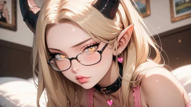  beautiful, high quality,  tiefling,  sitting in a sexy position , looks down , tail ,sadness, cute face, black big horns, yellow eyes, blonde, glasses, bedroom , blurred background, posing, realistic natural light, pink detailed lips, long lashes , good a...