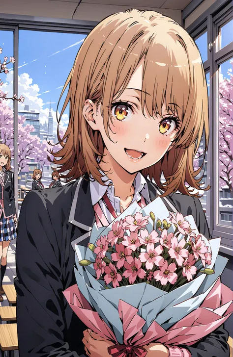 Irohaisshiki, Ishizaki Iroha, solo,short hair, brown eyes,brown hair,smile,blush,open your mouth,skirt for ears, shirt, ribbon, uniform, jacket, white shirt, opens clothes, open jacket, black jacket, plaid, plaid skirt for ears, blazer, cardigan,pink cardi...