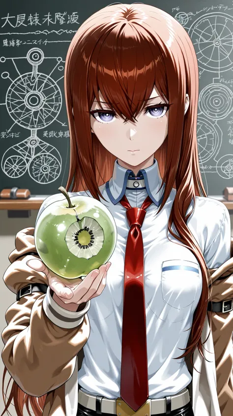 Break,(Steins Gate, Makise Kurisu:1.2,shirts,white labo coat,female,confident look ),real skin texture ,break,(Newly developed Transparent-Fruit-bomb, The Transparent fruit-shaped bomb with sophisticated mechanical parts inside),Complicated formula on blac...