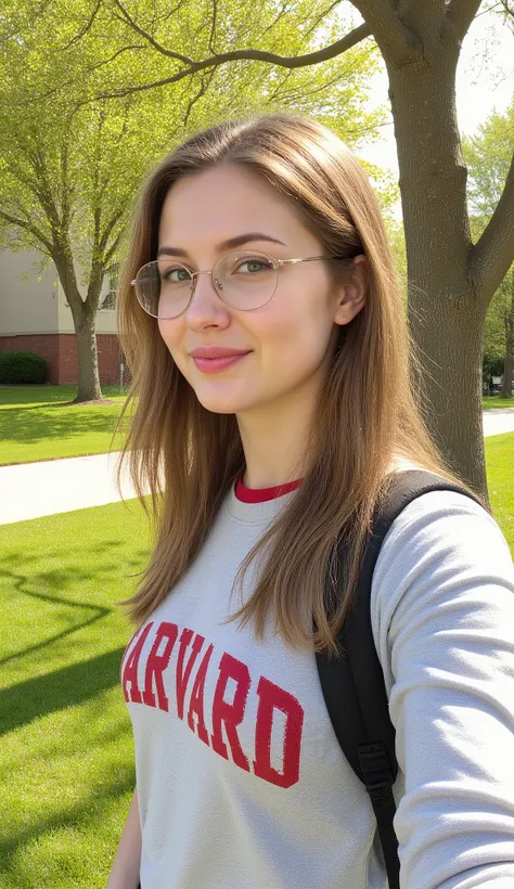 A Caucasian woman with long brunette hair stands outdoors in a suburban park-like setting, with trees and a building in the background. The scene captures a casual, everyday moment in natural daylight.
The woman has long brunette hair with a slight grayish...