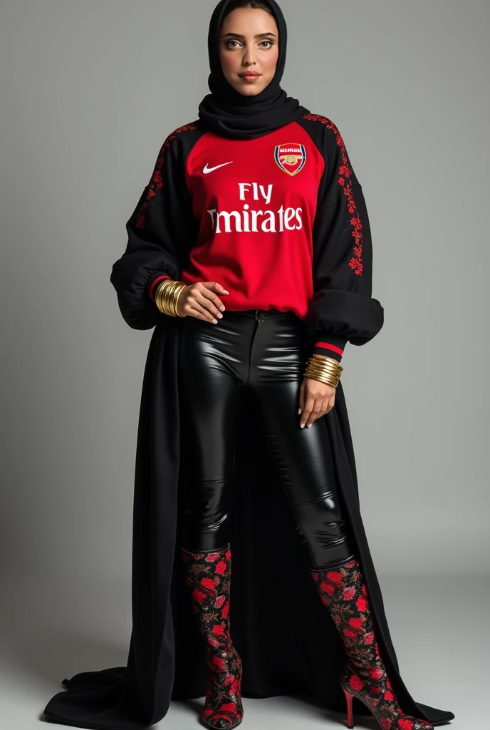 A striking woman with a flawless hourglass figure—36-24-36—with huge breasts and a model-esque silhouette exudes confidence in a bold and unforgettable ensemble. She proudly wears a puffy cotton pullover featuring her favorite football team’s emblem and jersey-inspired design—an unmistakable Arsenal piece—paired effortlessly with sleek black latex pants. Flowing over her outfit is a long, open black abaya adorned with intricate embroidery, beautifully blending cultural tradition with modern flair. Her head is gracefully wrapped in a complete Syrian-style hijab, offering a respectful yet stylish contrast to her edgy fashion choices. Golden bangles gleam atop soft cotton gloves, while eye-catching designer-printed knee-high boots add a fierce finishing touch. Standing with poise and feminine grace, her confident gaze into the camera radiates a powerful mix of elegance, cultural pride, and unapologetic individuality.