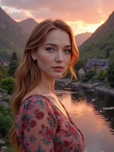 foreground: a stunning Scottish beauty, age 20, 44dd round natural perky breasts. Background: a small Scottish village by the black low river, lot of stones, Scottish highlands mountains in the background, floral flowers colorful, detailed landscape, Beaut...