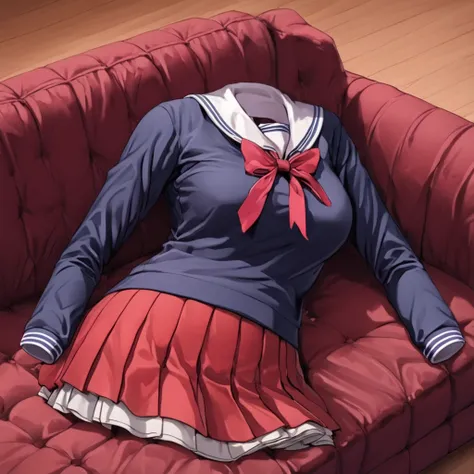 (invisible:1.5, no humans:1.5, headless:1.5, faceless:1.5), (sailor school uniform, long sleeve, on sofa:1.2), (big breast), detailed cloth texture, detailed anime, super fine illustration