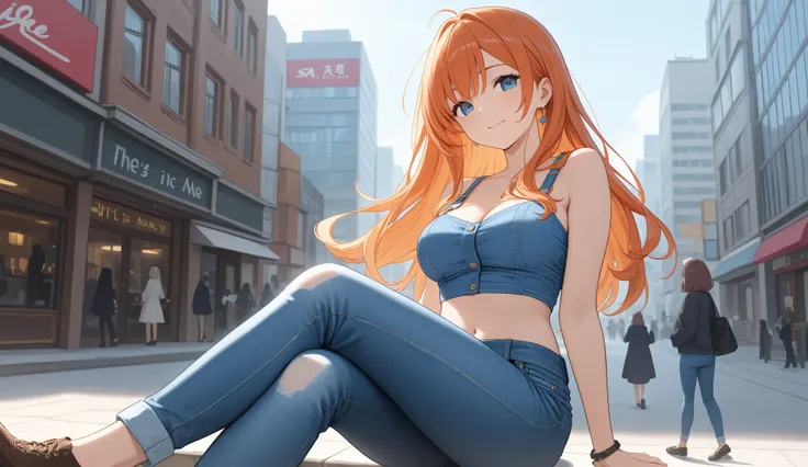 The girl is wearing jeans and a denim top. She is sitting in the city.