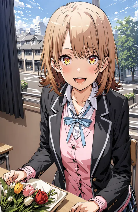Irohaisshiki, Ishizaki Iroha, solo,short hair, brown eyes,brown hair,smile,blush,open your mouth,skirt for ears, shirt, ribbon, uniform, jacket, white shirt, opens clothes, open jacket, black jacket, plaid, plaid skirt for ears, blazer, cardigan,pink cardi...