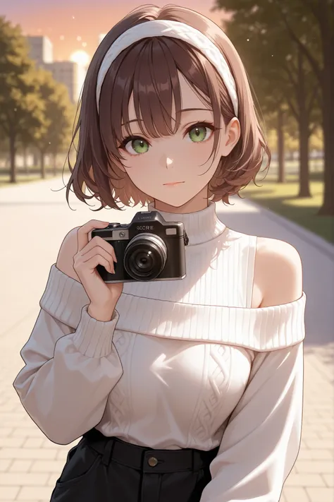 score_9, score_8_up, score_7_up, masterpiece, best quality, detailed face, 1 girl, solo, beautiful, modest chest, slender body, mature, light makeup, adorable, sharp eyes, closed mouth,
short hair, wavy brown hair, side bangs, short tidy bang, vibrant gr...